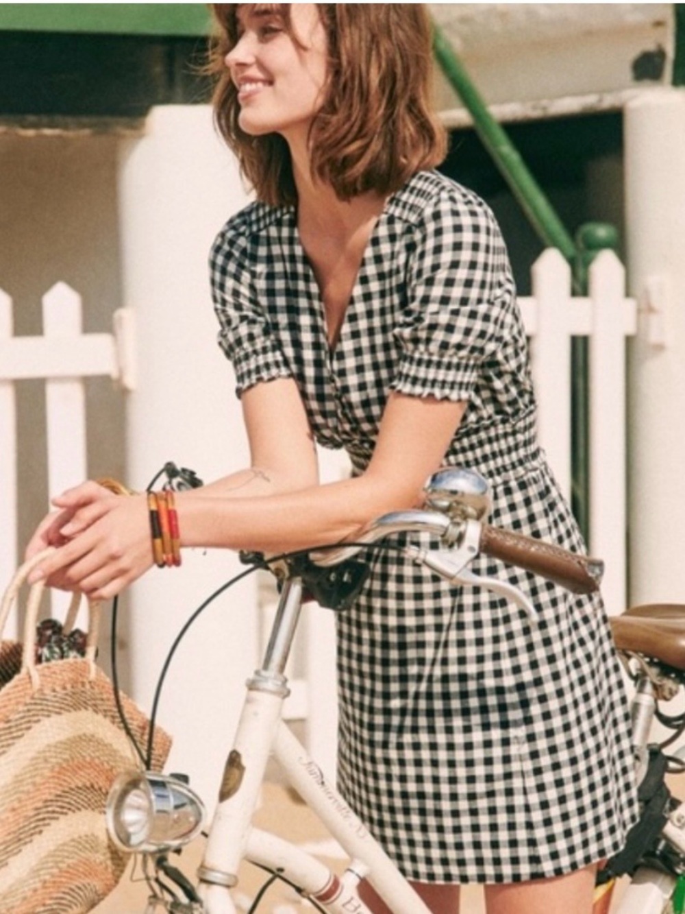 Sezane Sixtine Short Sleeve Black Gingham Check Plaid Mini Dress size 42 / US 10